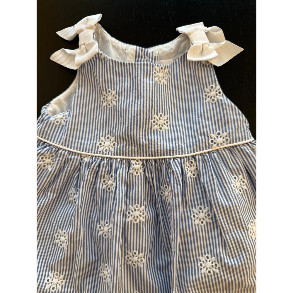 Gymboree Toddler Pinstriped Eyelet Dress Girls 18-24m‎ Blue Lined w/ Bow Accent